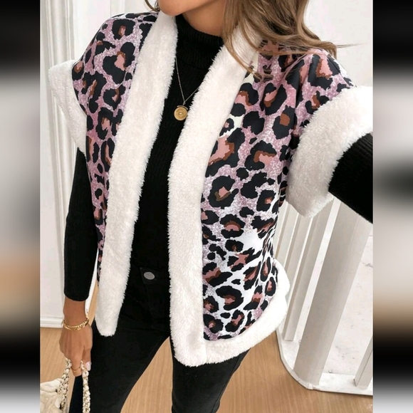 Leopard Print Plush Hem Thermal Lined Casual Sleeveless Jacket For Women - Picture 3 of 4